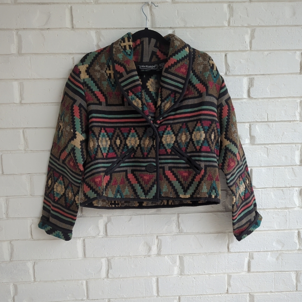 Neo Nostalgia Tapestry Southwest Quilt  Pattern Blanket Boho Cropped Jacket L